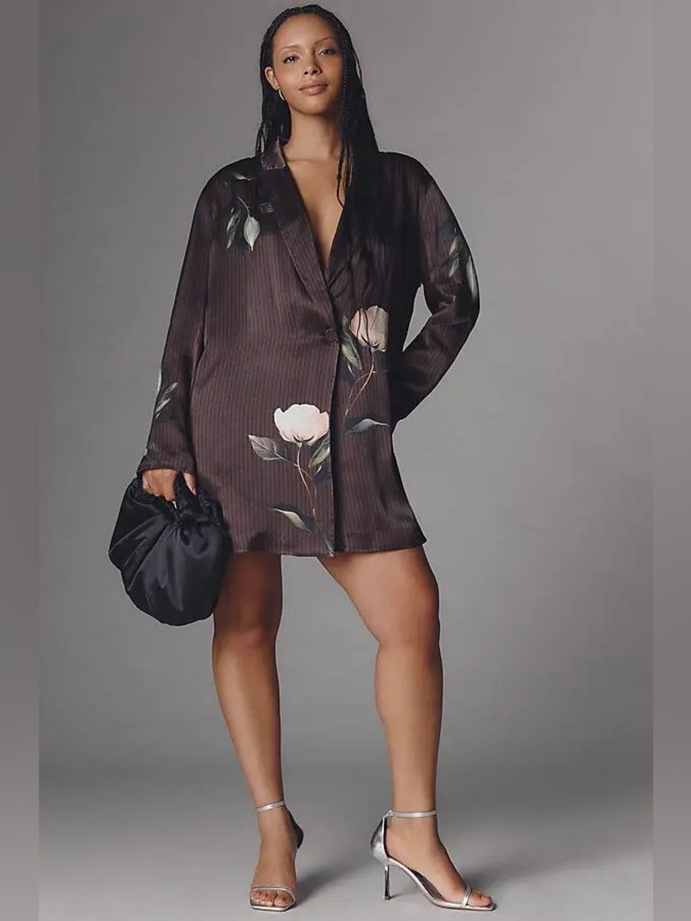 Anthropologie Silky Printed Blazer Mini Dress Brown Striped Floral 2X